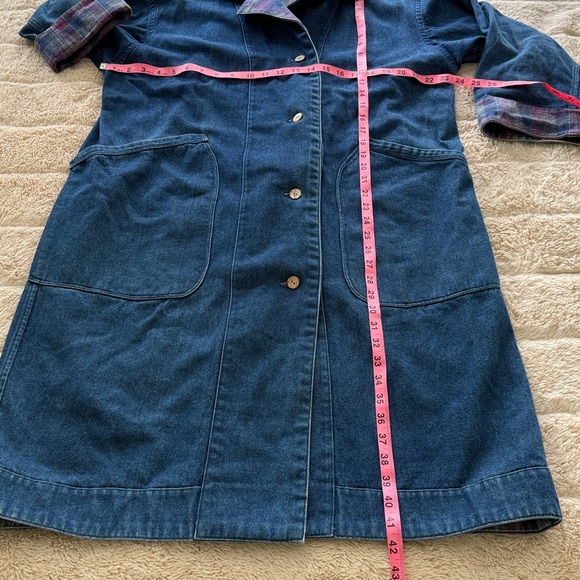 Vintage 80’s Denim Long Duster Blue Pink Plaid Lined Long Coat Sz L Jean Heavy - Picture 8 of 17